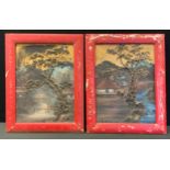 A pair of early Taisho period Japanese painted and lacquer work panels, depicting figures within