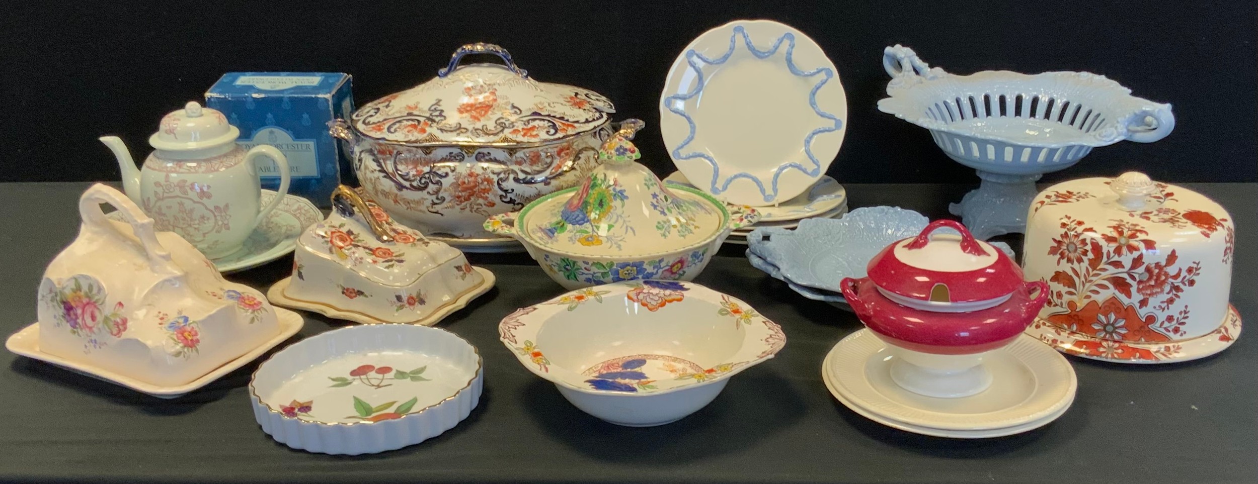 Ceramics - Masons twin handled lidded tureen, Adams Calyx ware tea pot and plate, five Wedgwood