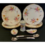 A set of six Royal Crown Derby Posies pattern dinner plates, salad serving spoons, vase etc