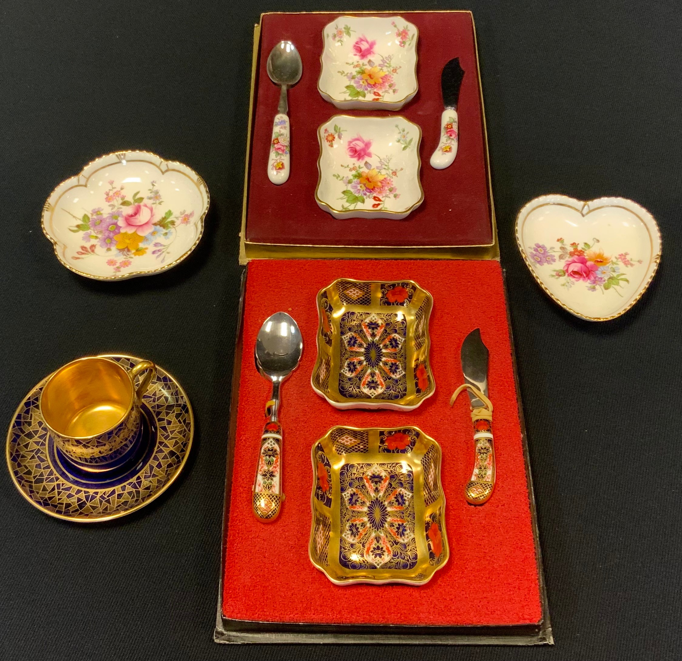 A Royal Crown Derby, 1128 Imari butter/Conserve set, boxed; 'Derby Posies' conserve set, trinket