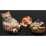 A Royal Crown Derby Paperweights - Tiger Cub; Puppy, gold stopper; Sleeping Dormouse, (3).