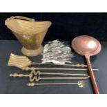 Metalware - a brass coal scuttle; a set of brass fire irons; a 19th century copper warming pan; a