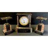 A Victorian rouge marble and belge noir clock garniture, white dial, Roman numerals, single