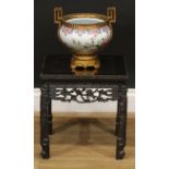 A Chinese hardwood jardiniere stand, square top with beaded edge, shaped apron pierced and carved