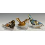 A Royal Crown Derby Bird paperweights, Nightingale, gold stopper; others, Mountain Bluebird, gold