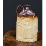A Stephen Green Lambeth brown and buff salt glazed stoneware flask, moulded in relief with named