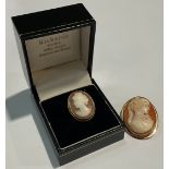 A 9ct gold oval carved shell cameo brooch, 4cm, 6g; a 9ct gold cameo ring, size S/T, 3.6g, boxed (2)