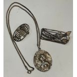An Art Nouveau style silver pendant, Birmingham 1977; a 'Macintosh' style silver brooch, hallmarked;