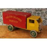 Folk Art & Juvenalia - a scratch built painted wooden delivery van, naively constructed, yellow