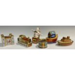 A set of six Royal Crown Derby Treasures of Childhood miniatures, Tug Boat, Toy Drum, Fort, Steam