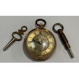 A continental 14k gold lady's open face pocket watch, engraved gilt dial, Roman numerals, the case