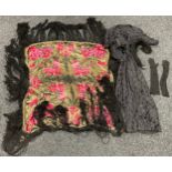 Vintage Costume - a 1930's metal thread lamé fringed shawl; a 1930's black silk dress (2)