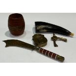 Trench Art - Ypres paper knife; brass padlock and keys; horn powder flask; teak of HMS Valiant,