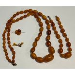 A single strand of graduated polished oval butterscotch amber beads, 33cm drop, 9ct gold clasp; a