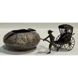 A Chinese low grade silver ashtray; a Chinese miniature model rickshaw (2)