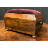 An early Victorian rosewood rosewood sarcophagus table top pin cushion, work box drawer to side, bun