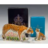 A pair of Royal Crown Derby paperweights, Sumatran Tigress and Sumatran Tiger Cub, gold stoppers,