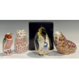 A Royal Crown Derby paperweight, Penguin and chick, gold stopper, 12cm, boxed; others, Hamster, gold