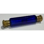 A Victorian Bristol blue glass double ended glass scent, 10cm long