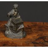 A 19th century dark patinated bronze novelty so-to-bed or table vesta, as a match girl, the box on