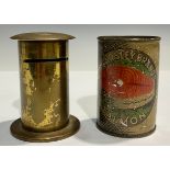 An advertising novelty tinplate moneybox, as a Parsley Brand salmon tin; a brass moneybox, as a