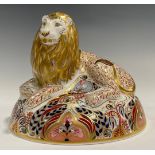 A Royal Crown Derby paperweight, Lion, gold stopper, 14.5cm, printed mark in red