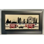 A Moorcroft London pattern rectangular wall plaque, tube lined with red buses and the London skyline