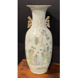 A large Chinese two handled ovoid vase, painted in polychrome with ladies of the court, script to