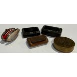 A papier-mâché rectangular snuff box, mother of pearl inlaid; another; a rosewood snuff; a brass