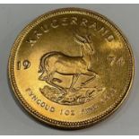 A South African gold Krugerrand, 1oz fine gold, 1974