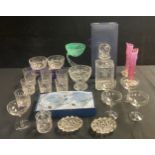 Glassware - a pair of late Victorian Cranberry vases; cut crystal drinking glasses; decanter; etc (