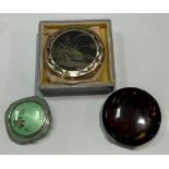 A mid 20th century enamel compact; others, Japanese Mount Fuji; faux tortoiseshell (3)
