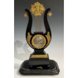 A Louis XVI Revival gilt metal mounted ebonised lyre-shaped table clock, 8.5cm silvered dial