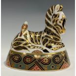 A Royal Crown Derby paperweight, Zebra, gold stopper, 13cm, printed mark in red