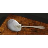 A Danish 'wunderkammer' spoon, mother of pearl bowl, bright-cut engraved stem, 24cm long