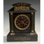 A late 19th/early 20th century belge noir architectural mantel clock, Roman numerals on black