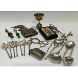 Plated - spoons, various, including enamel; spirit meaure; wine labels; cigar case; purse; a leather
