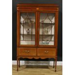 A Sheraton Revival satinwood crossbanded mahogany and marquetry display cabinet, moulded cornice