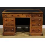 A Victorian mahogany twin pedestal desk, rectangular top above three frieze drawers, three further