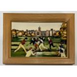 A Moorcroft rectangular wall plaque, The Birth of Rugby, designed by Paul Hilditch, signed, 19cm x