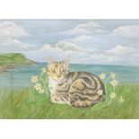 Fiona Hughes Cat in a Landscape signed, 37cm x 52cm