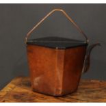 A Japanese patinated copper canted square kettle, swing handle, two-piece lacquer cover, 19.5cm