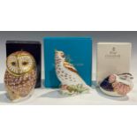 A Royal Crown Derby paperweight, Mistle Thrush, gold stopper, boxed; others, Barn Owl, gold stopper,