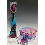 A Murano type studio glass sculptural figure, Lady and Dog, in shades of lilac and blue, 48cm,