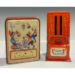 A novelty tinplate moneybox, as a penny slot chocolate machine, 14cm high; another (2)