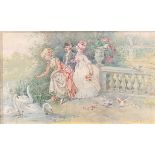Cecile Chenneviere (Bn.1851) Courtly Romance, Feeding the Swans signed, watercolour, 12.5cm x 20cm
