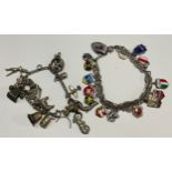 A Sterling silver filigree charm bracelet with seventeen enamelled armorial charms; another,