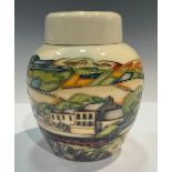 A Moorcroft ovoid ginger jar and cover, tube lined with rolling countryside, steam train and green