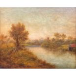 H Burton River Landscape with Figures signed, oil on canvas, 42cm x 52cm
