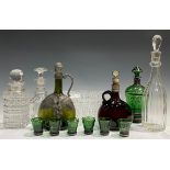 Glassware - a Bohemian green glass liquor set for six; a Georgian cut glass mallet shaped